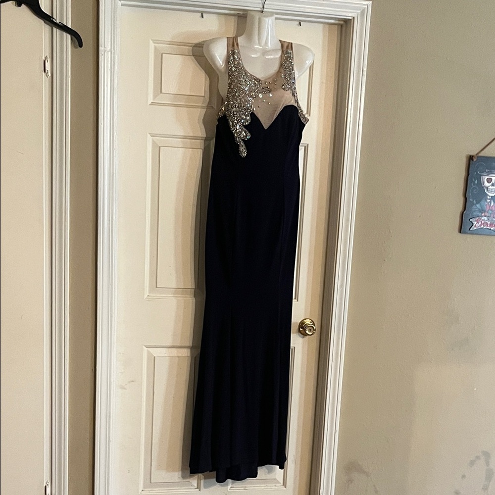 City Triangles Navy Prom Gown with Silver Beaded Illusion Bodice